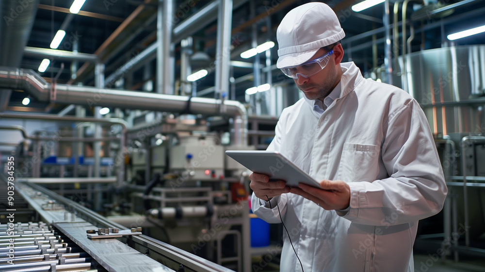 A supervisor using a tablet to oversee production lines in a modern factory. Ai generated
