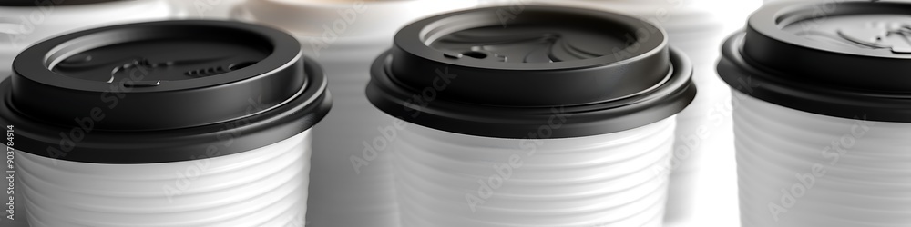 Close-up of white and black coffee cups with lids, isolated on white, showcasing smooth textures and details. Close-up of white and black coffee cups with lids, isolated on white, showcasing smooth textures and details.