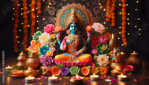 colourful and beautiful lord Laxmi statue sits on a table surrounded by flowers and candles