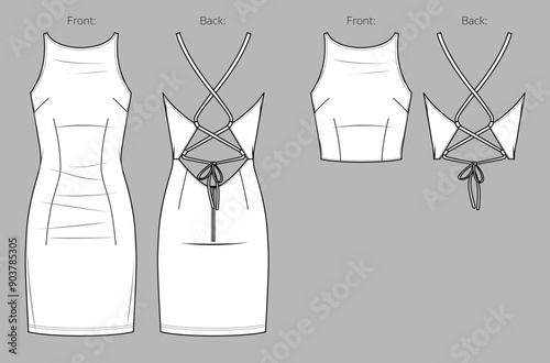 Vector woman sleeveless party dress with halter neck fashion CAD, tank top with cross straps technical drawing, template, flat, sketch. Jersey or woven fabric dress with front, back view, white color