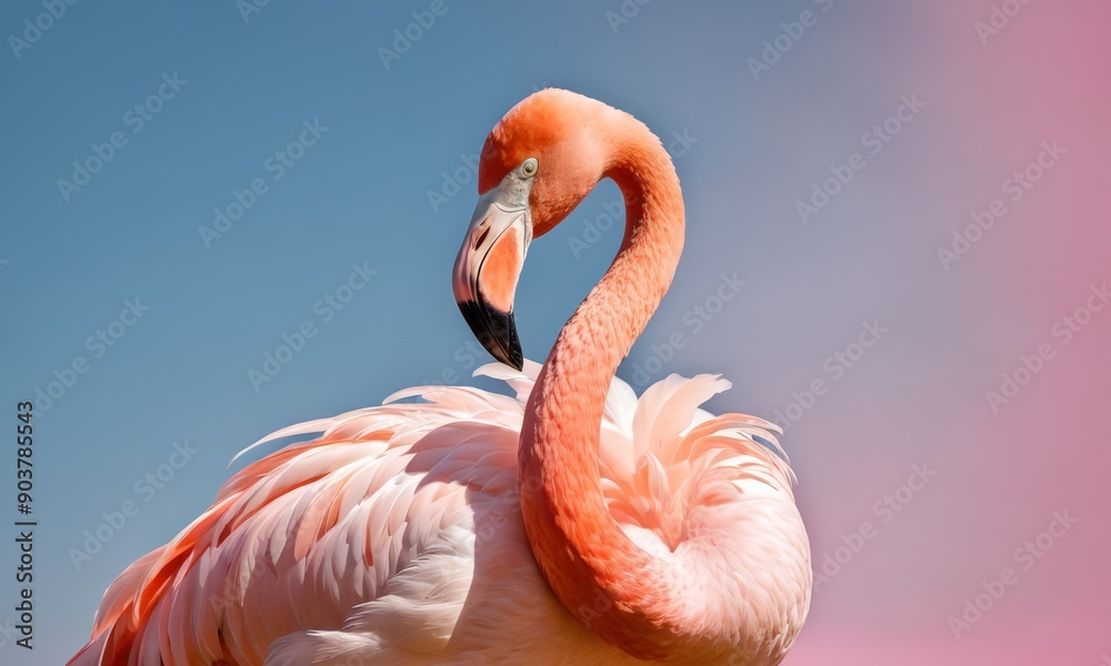 Obraz premium flamingo stands on one leg against gradient background, displaying its vibrant pink feathers and curved neck.