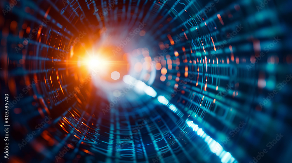 Abstract digital tunnel with glowing light in the center, representing data flow, technology concepts and futuristic design.