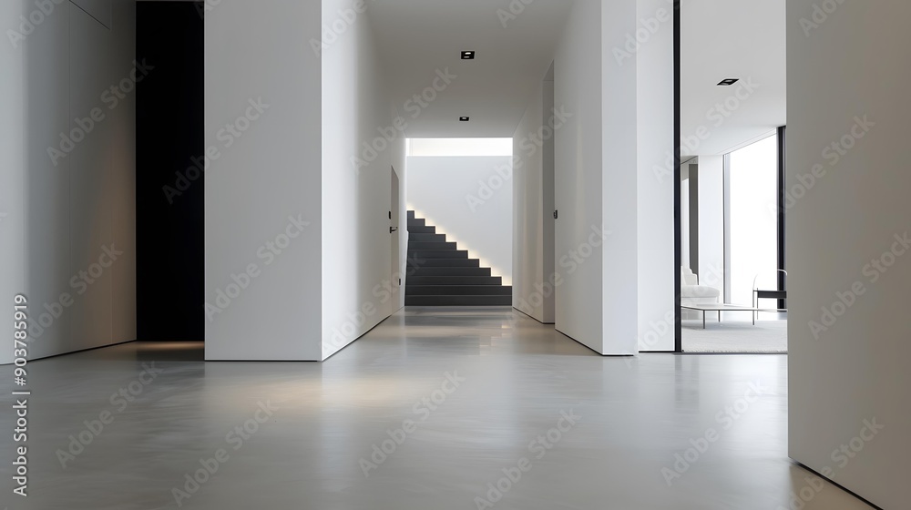 Minimalist Modern Home Interior Hallway with White Walls and Black Stairs Minimalist Modern Home Interior Hallway with White Walls and Black Stairs