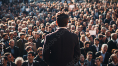 Charismatic speaker addressing a large gathering of political party supporters in an open-air setting. Ai generated