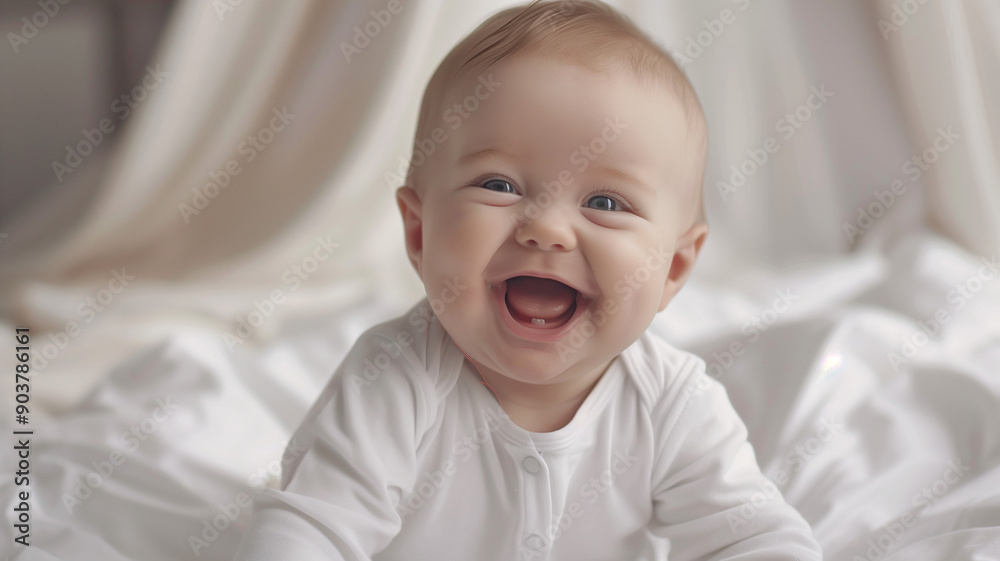 Close-up of a baby giggling joyfully, dressed in a white shirt bodysuit mockup, sitting on a soft white bed background. Ai generated Close-up of a baby giggling joyfully, dressed in a white shirt bodysuit mockup, sitting on a soft white bed background. Ai generated