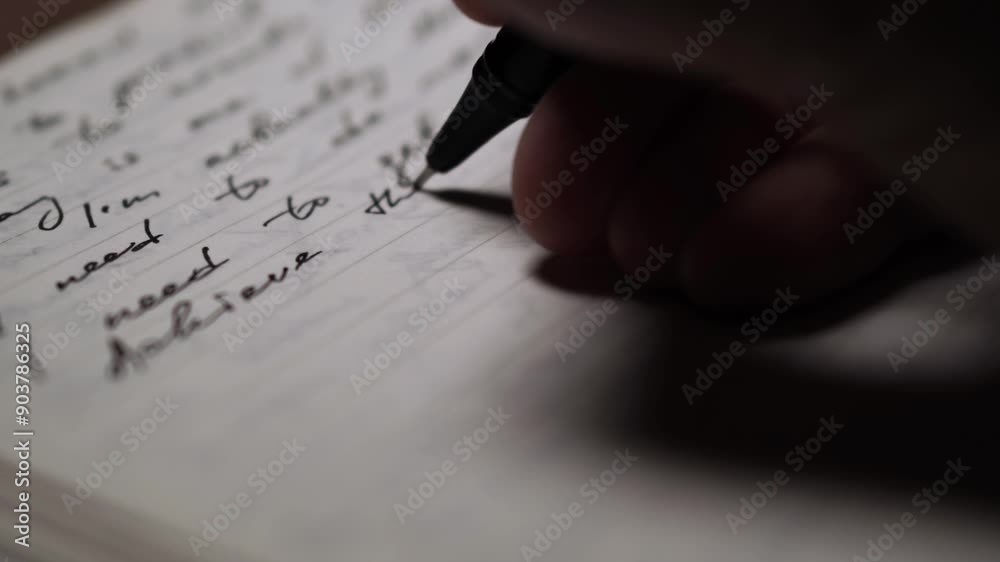 man journaling his thoughts into notebook, because he has some sort of depression, problems and want to find out and help himself without psychologist