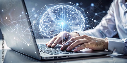 Exploring the Digital Frontier: Human-Brain Interface and Technology. An individual's hands are captured interacting with a laptop displaying a vivid, futuristic depiction of a human brain.