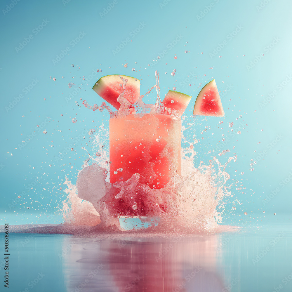 Fototapeta premium A cooling cocktail for hot summer days made from fresh and delicious watermelon, ready for refreshment and fun, on a monochrome ocean blue background