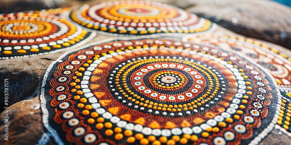 Aboriginal Dot Painting on Rock. Close-up of traditional Aboriginal dot art with vibrant colors and intricate circular patterns painted on a natural rock surface. Aboriginal Dot Painting on Rock. Close-up of traditional Aboriginal dot art with vibrant colors and intricate circular patterns painted on a natural rock surface.