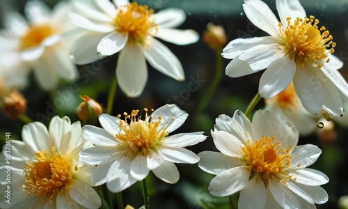 close-up view white daisy flowers with yellow centers, surrounded by green foliage.