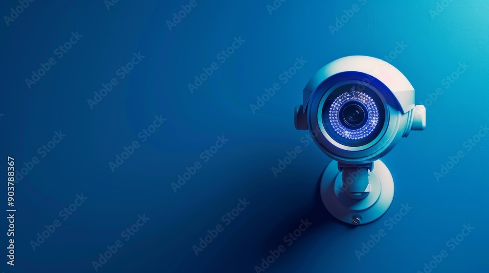 Wall security camera on blue background with text area, Copy space. Outdoor video surveillance Wall security camera on blue background with text area, Copy space. Outdoor video surveillance