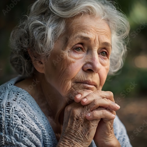 Elderly woman cared. Peaceful and spiritual moment reflecting deep contemplation.

