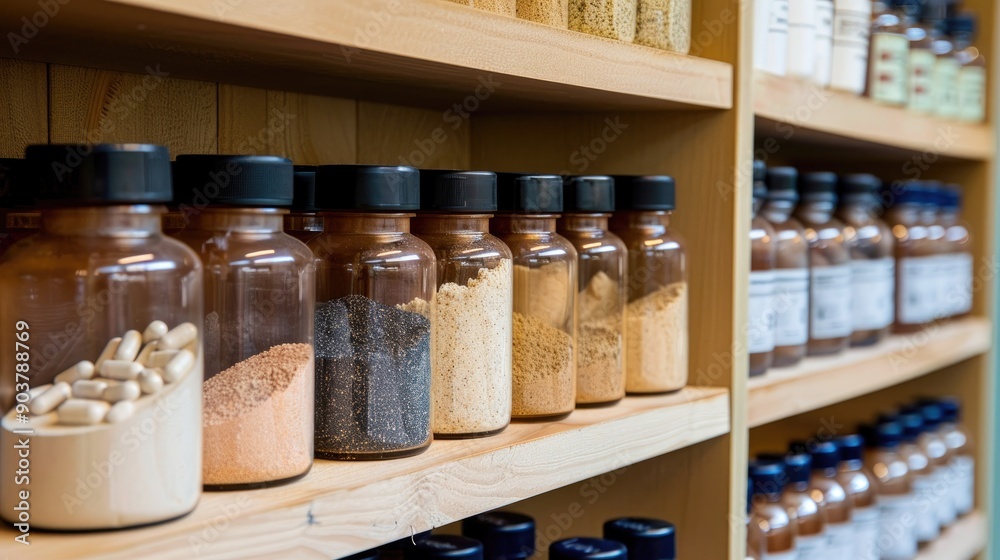 Protein powder and supplements neatly arranged on a shelf Protein powder and supplements neatly arranged on a shelf