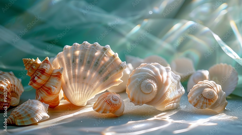 Obraz premium Beautiful Seashells Displayed on Sandy Surface With Soft Sunlight