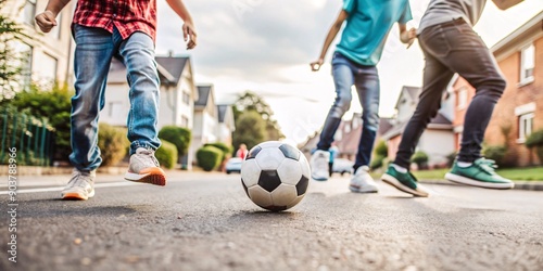 Kids playing soccer in the street. A group of children play soccer in the street  kicking the ball as they run. The focus is on the ball and the feet of the kids.
