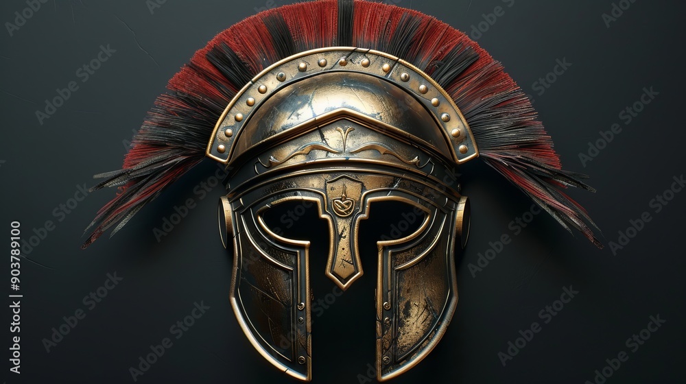 Obraz premium Ancient Roman Gladiator Helmet Displayed Against Dark Background