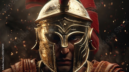 Ancient Warrior in Gleaming Armor Amidst Flickering Flames at Dusk