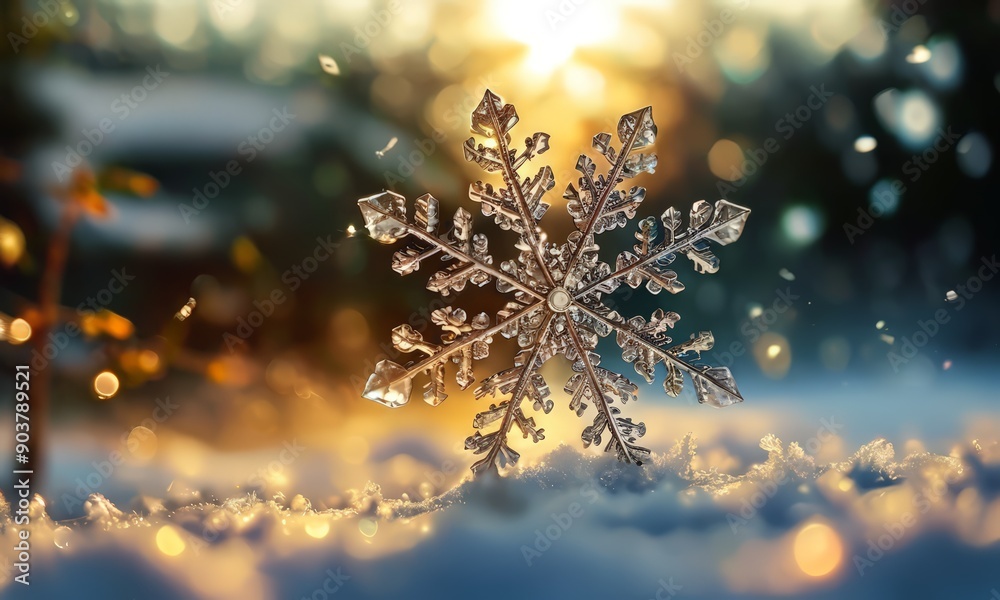 close-up view snowflake, with intricate details and warm glow from the sun, set against blurred background close-up view snowflake, with intricate details and warm glow from the sun, set against blurred background