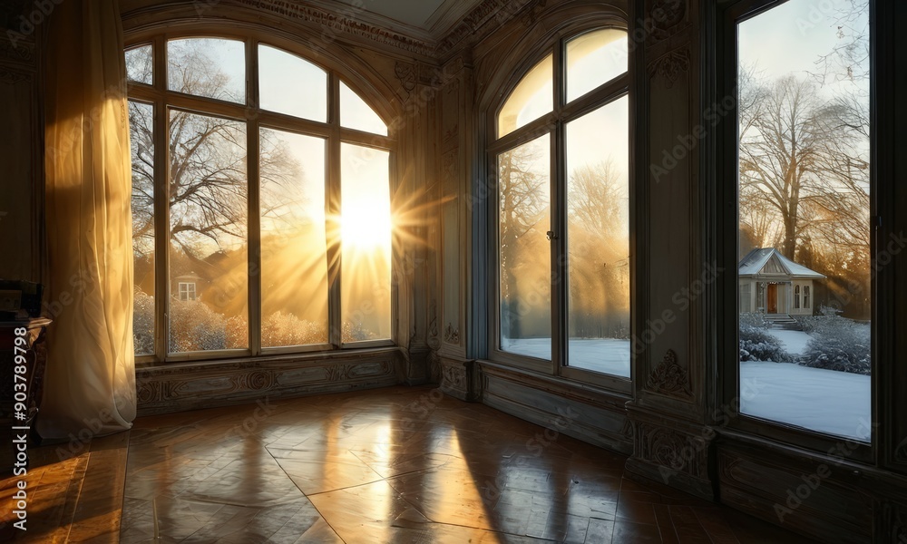 sunlit room with arched windows and wooden floor, featuring view snowy landscape outside. sunlit room with arched windows and wooden floor, featuring view snowy landscape outside.