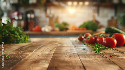 Wooden table in a homey, blurred kitchen scene. Fresh vegetables and herbs scattered around, creating a warm, inviting atmosphere. Ai generated