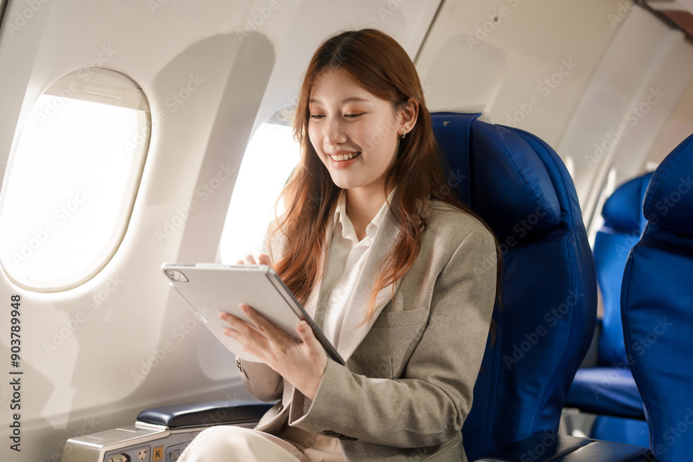 An Asian businesswoman travels abroad by plane, sitting near the window. She reads a book and uses her computer, utilizing her airline credit card to manage travel expenses efficiently. An Asian businesswoman travels abroad by plane, sitting near the window. She reads a book and uses her computer, utilizing her airline credit card to manage travel expenses efficiently.