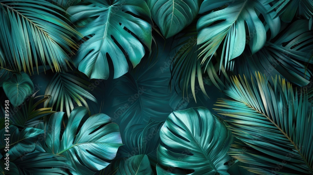 Tropical leaves in a dark green hue. Perfect for creating a background with a jungle theme. Tropical leaves in a dark green hue. Perfect for creating a background with a jungle theme.