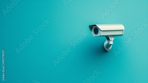 Wall security camera on blue background with text area, Copy space. Outdoor video surveillance