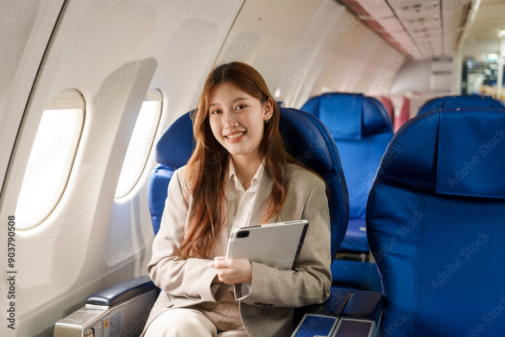 An Asian businesswoman travels abroad by plane, sitting near the window. She reads a book and uses her computer, utilizing her airline credit card to manage travel expenses efficiently. An Asian businesswoman travels abroad by plane, sitting near the window. She reads a book and uses her computer, utilizing her airline credit card to manage travel expenses efficiently.
