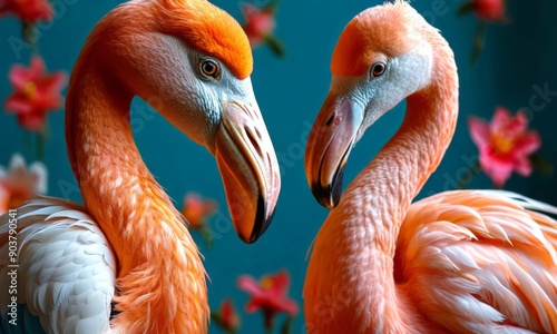 Two flamingos, one facing the camera and the other turned away, stand against backdrop pink flowers and blue