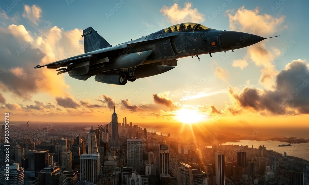 fighter jet soars over cityscape at sunset, its silhouette contrasting against the vibrant sky and city fighter jet soars over cityscape at sunset, its silhouette contrasting against the vibrant sky and city