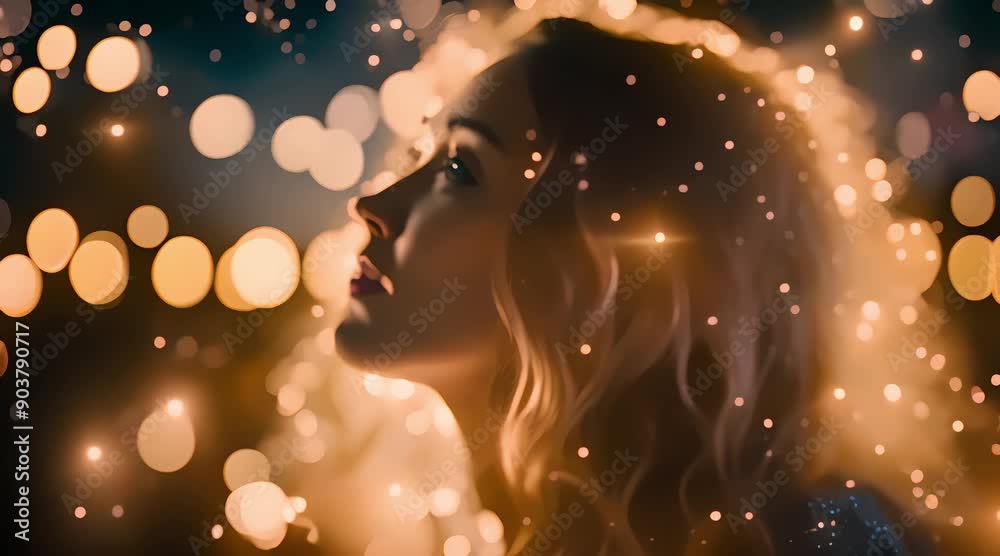 close up silhouette of a beautiful woman's face, with a dark background and sparkling light, 4k video, generated ai