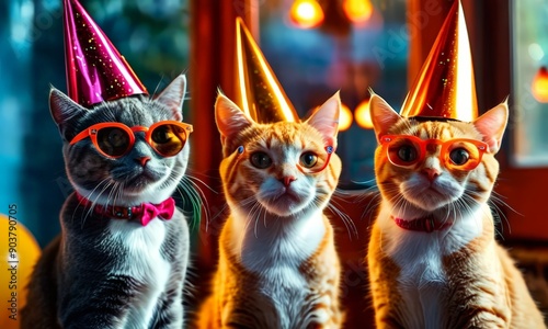 Three cats in party hats and glasses sit together, their eyes wide and alert, with blurred background photo