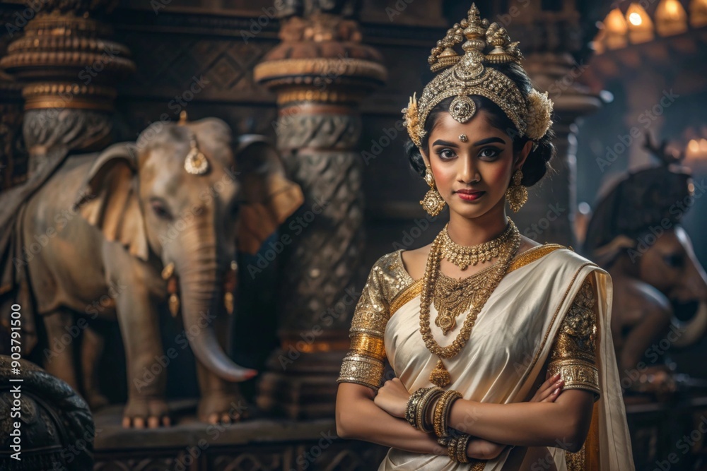 Fototapeta premium A beautiful Indian girl in a traditional Indian national costume, sari. Against the background of elephants. The portrait symbolizes the traditions, culture and beauty of the people of India.