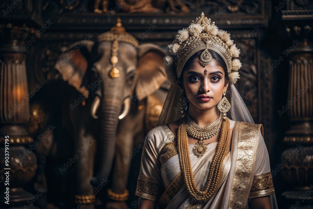Fototapeta premium A beautiful Indian girl in a traditional Indian national costume, sari. Against the background of elephants. The portrait symbolizes the traditions, culture and beauty of the people of India.