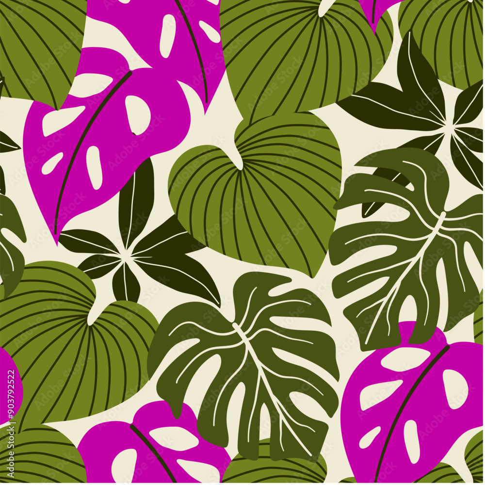 Obraz premium Abstract seamless tropical pattern with bright plants and leaves on a delicate background. Modern abstract design for fabric, paper, interior decor. Seamless exotic pattern with tropical plants.