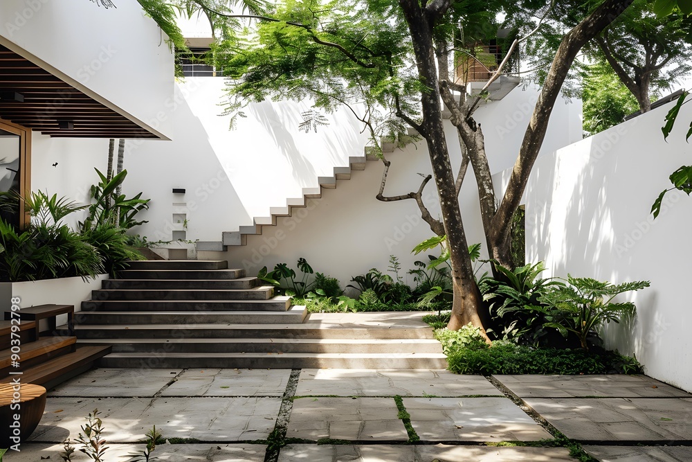 Fototapeta premium Modern Minimalist Garden with Concrete Stairs and Lush Greenery