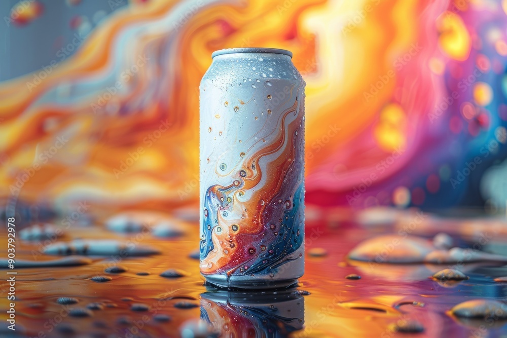 White soda can amidst swirling colors and patterns. White soda can amidst swirling colors and patterns.