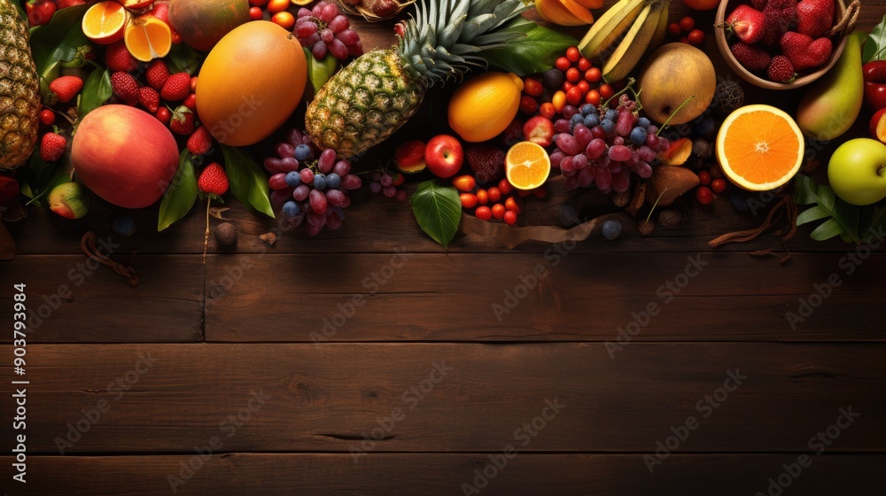 Fototapeta premium Aerial shot of a rustic wooden table with an assortment of tropical fruits