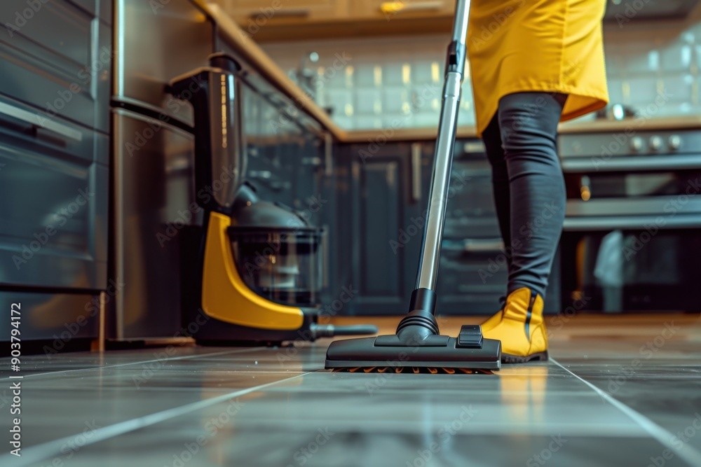 Fototapeta premium Vacuums. Professional Woman Cleaner in Uniform Cleansing Kitchen Floor