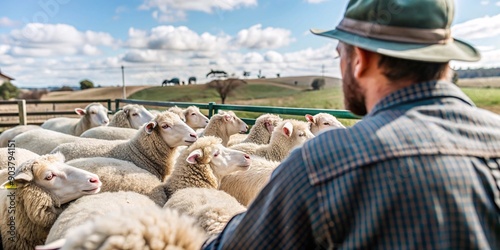 Shepherd Overseeing His Flock. A farmer in a hat stands by a fence, attentively observing his flock of sheep grazing in a lush, green pasture.