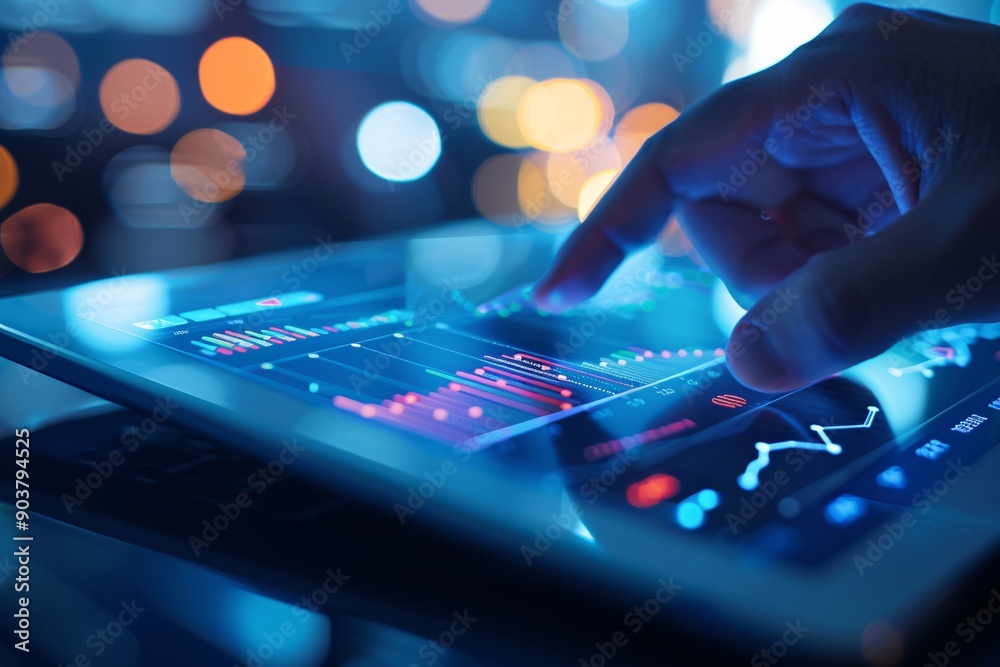 A close-up of a tablet screen showing a financial app with emerging market stocks performance, with the user's hand poised to make a decision, emphasizing the interactive aspect of evaluating A close-up of a tablet screen showing a financial app with emerging market stocks performance, with the user's hand poised to make a decision, emphasizing the interactive aspect of evaluating