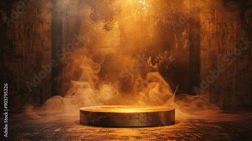 Golden Spotlight on Stage with Smoke