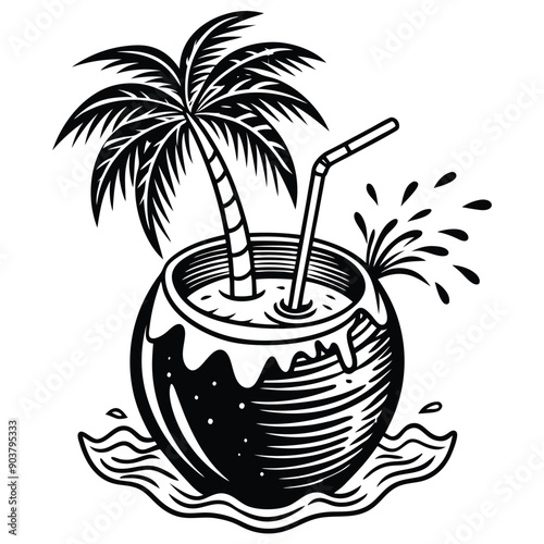 A vivid and lively illustration of a coconut on a beach, designed to be printed on a T-shirt.