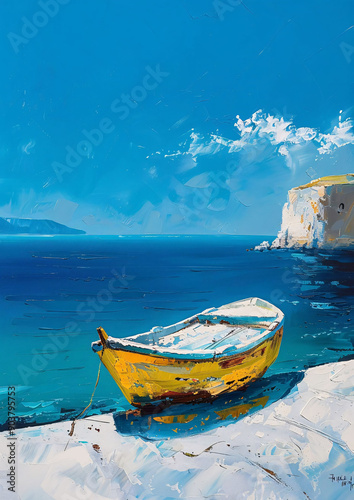 Yellow Boat on Blue Seaside Painting