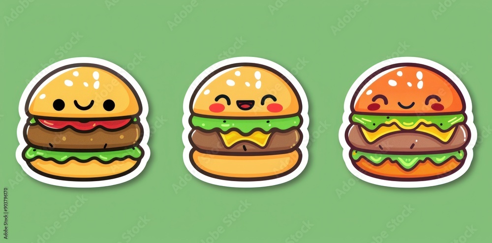 ticker design of three different hamburgers with cute and smiling faces on a green background - Generative ai