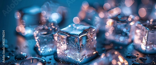 Close-up of Melting Ice Cubes with Bokeh Lights
