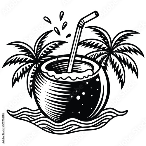 A vivid and lively illustration of a coconut on a beach, designed to be printed on a T-shirt.