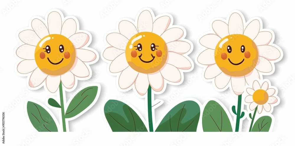 Sticker design of smiling chamomile flowers with adorable faces and green leaves on white background - Generative ai