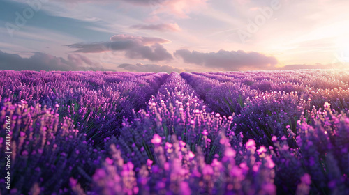 Lavender Field at Sunrise with Soft Pink Light