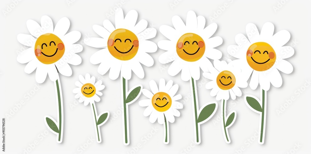 Sticker design of smiling chamomile flowers with adorable faces and green leaves on white background - Generative ai Sticker design of smiling chamomile flowers with adorable faces and green leaves on white background - Generative ai